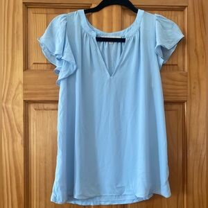 LOFT Mixed Media Flutter Sleeve Blouse Light Blue | Woven Front Knit Back SZ S